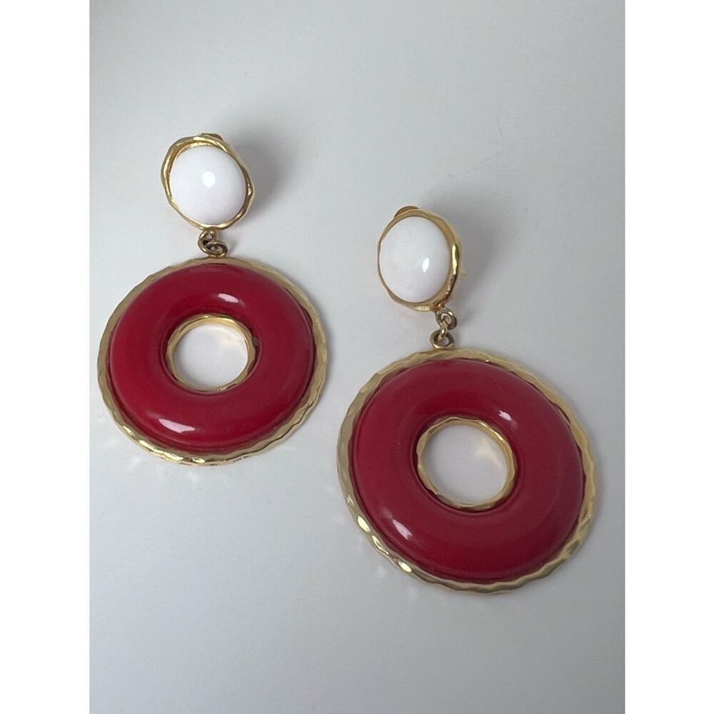 Vintage Bullock’s 80s Red White Gold Statement Clip-On Earrings Oversized Retro